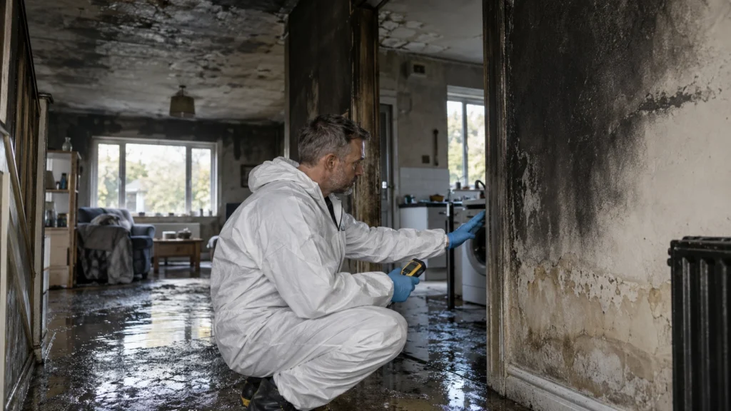 Property restoration specialist assessing smoke, soot and firefighting water damage