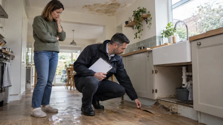 Homeowner and property claims professional inspecting water damage in a kitchen