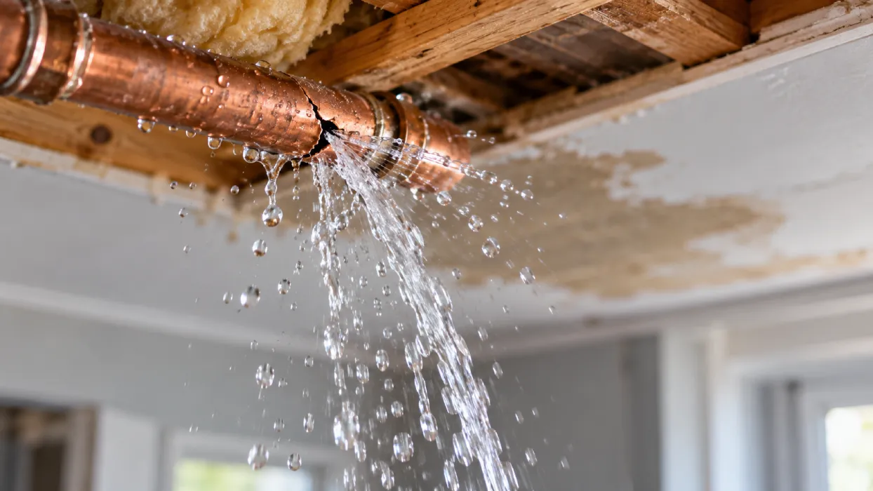 Burst copper pipe leaking water and causing ceiling damage inside a property.