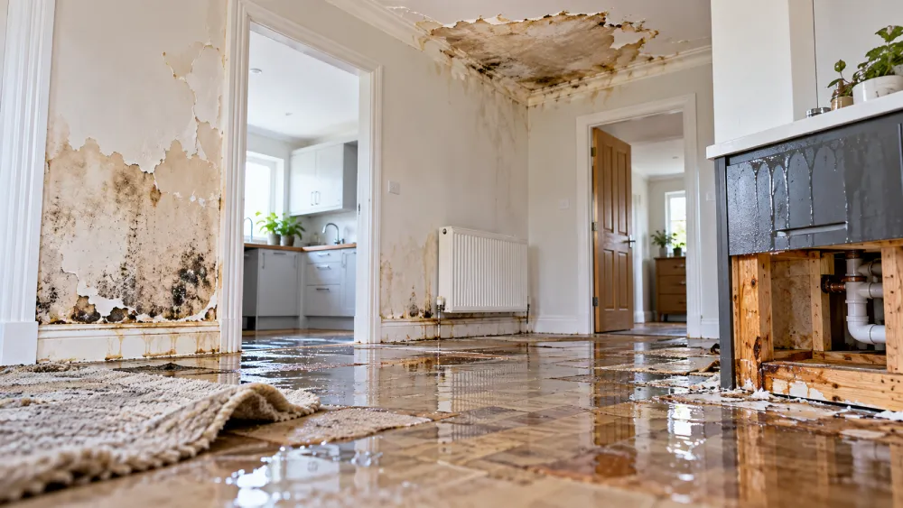 Burst pipe water damage affecting walls, ceilings, flooring and fitted interiors inside a property.