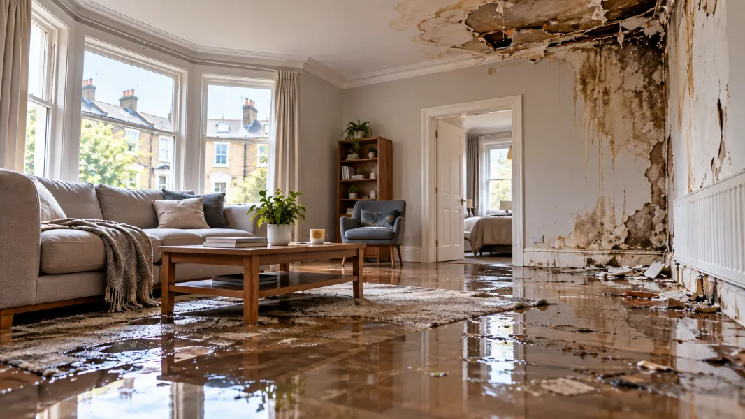 Water damage affecting the interior, flooring and furnishings of a rental property following an insurance claim.