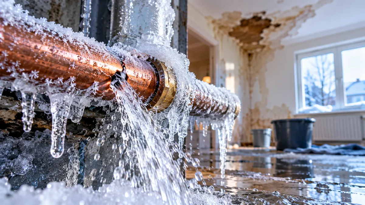 Frozen copper pipe bursting and leaking water inside a UK home, causing extensive water damage during winter.