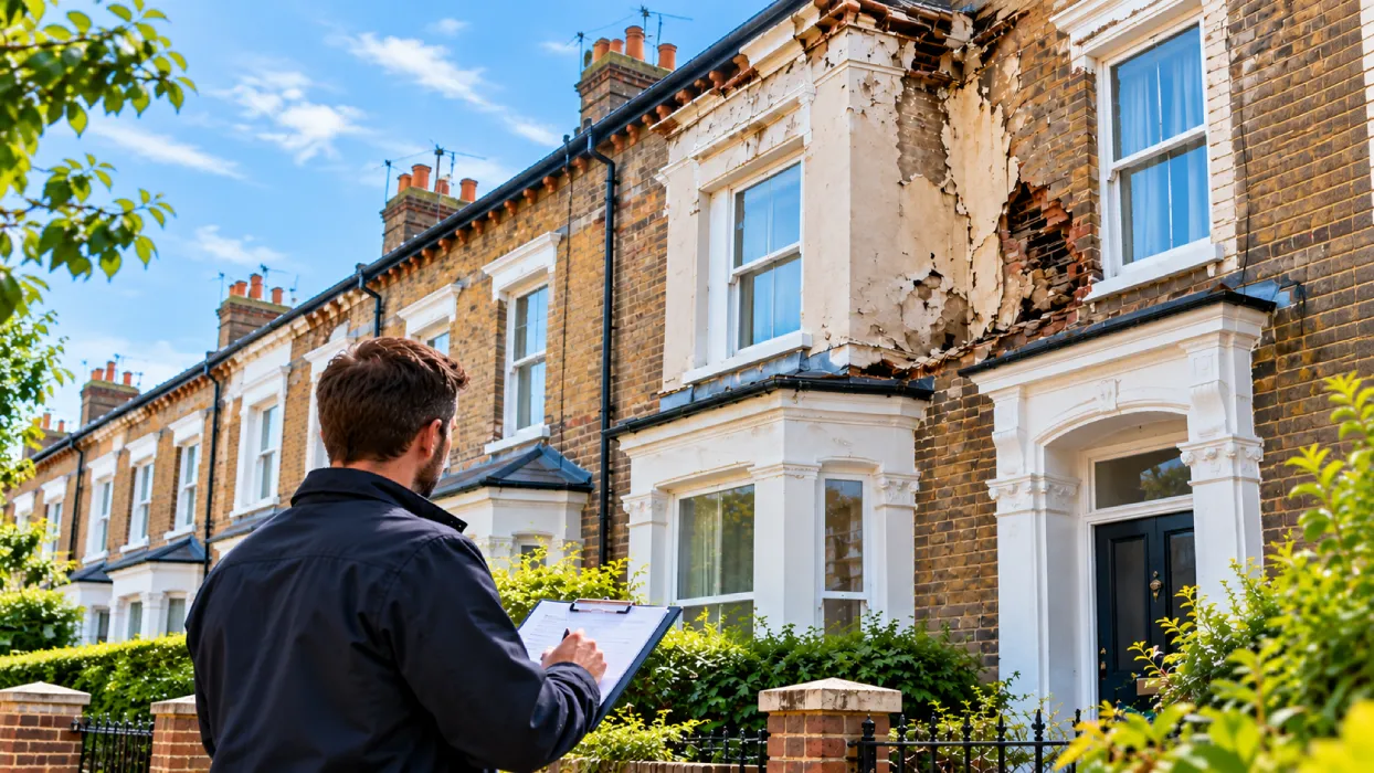 Property inspector assessing exterior damage to a rental home for a landlord insurance claim.
