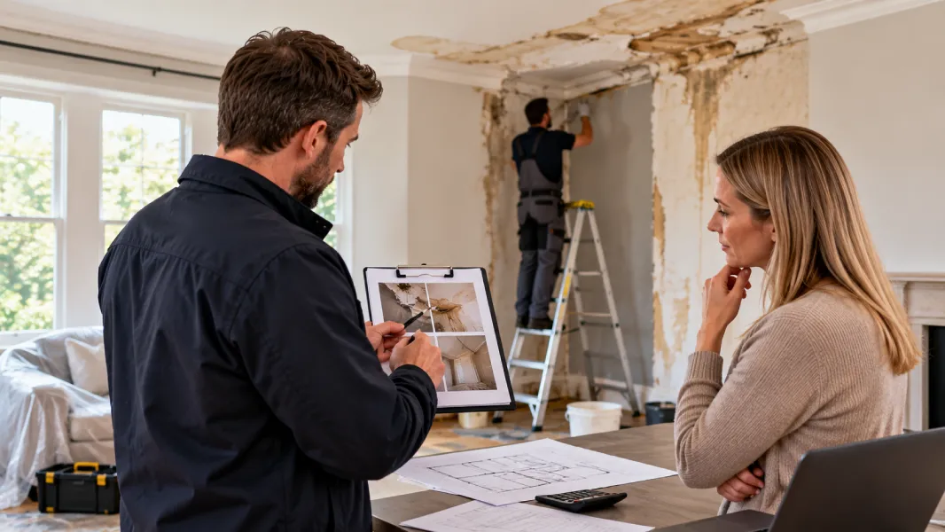 Property claims specialist discussing landlord insurance damage while restoration work is carried out at a rental property.