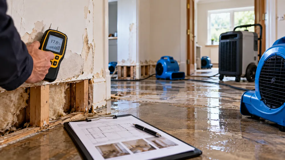 Moisture inspection and professional drying equipment used to assess and restore burst pipe water damage.